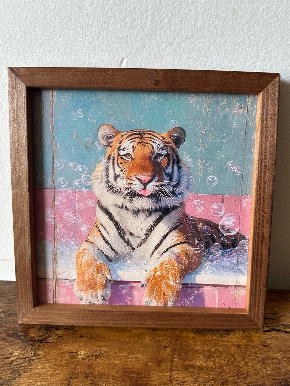 Tiger in Bubble Bath Framed Wooden Wall Art Decor Pink & Teal Background NWT